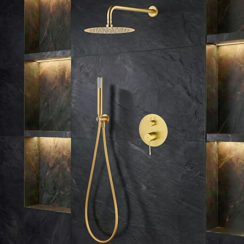 IMEX - Ducha Empotrada Monomando Dorada | Conjunto de Grifería Empotrado con Alcachofa y Rociador Antical Efecto Lluvia | Columna Ducha Empotrada con Grifo en Latón y Acero Inox S.304 | Serie Génova