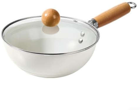 EffiFish Para mini wok con tapa de vidrio, mango de madera resistente al calor, revestimiento antiadherente para freír rápidamente, 20 cm