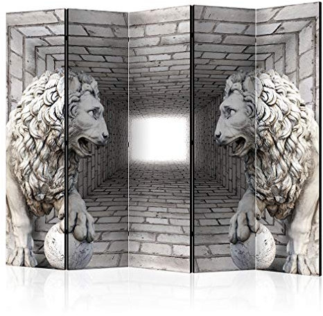 decomonkey Paravent Raumteiler Innen Ziegel Löwe 225x172 cm 5 Teilig Einseitig Room Divider Wall Raumteiler Stehend Trennwand Sichtschutz Spanische Wand Sichtschutzwand Wohnzimmer Holz Skulptur Tiere