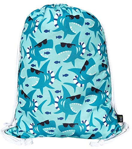 HECKBO Kinder Jungen Mädchen Turnbeutel - Hai Motiv - waschmaschinenfest - Kindergarten, Krippe, Reise, Sport, Schule, Fussball - Rucksack, Tasche, Spieltasche, Sportbeutel