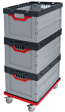 Auer Faltbox FB 64/42 60x40x42cm 3er Set mit Rollwagen | 3x Transportbox Klappboxn Lagerbox Kommissionierbox 87L mit rotem Transportwagen, stapelbar und faltbar, stabil