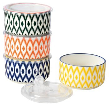 Miicol Lot de 4 bols en céramique avec couvercles de 591 ml - Bols de service colorés en porcelaine de 12,7 cm - Bol à mélanger coloré pour la préparation des repas, pique-nique, déjeuner