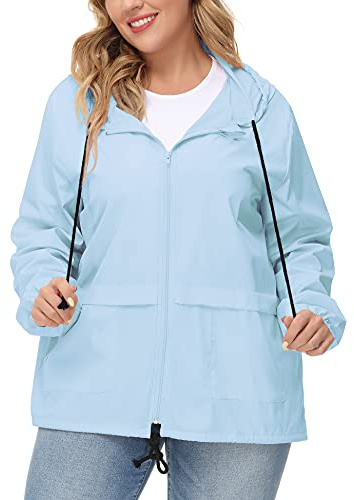 Avoogue Plus Lightweight Raincoat Walking Jackets Women Waterproof Windbreaker Packable Outdoor Hooded Rain Jacket Light Blue 3XL