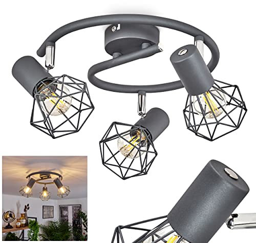 Plafonnier Gullspang, lampe ronde au design industriel, métal anthracite/chrome, luminaire moderne avec abat-jour en grille et effet de lumière, 3 flammes, douille E1, ampoule(s) non incluse(s)