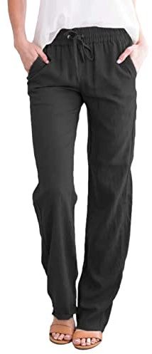 Voqeen Femme Pantalon Coton Lin Taille Élastique Pantalon avec Poche Été Confortable Pants avec Cordon de Serrage - Noir - M
