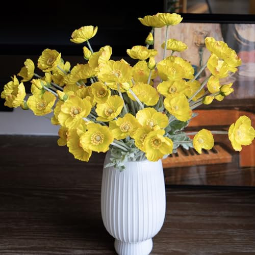 DUYONE Künstliche Mohnblumen-Seide, 6 Stiele, für Heimdekoration, Hochzeitsstrauß, Kunstblumen-Mittelstück, künstliche Pflanzen, Korallenblumen-Arrangement, Seidenblumen zur Dekoration (gelb)