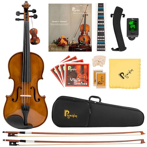 Poseidon Violine für Kinder Erwachsene 4/4 Fiddle Set, deutsche Farbe Massivholz Fichte Akustische Violine für Kinder Erwachsene mit Koffer, extra Bögen, extra Saiten, Kolophonium, Clip-on Tuner