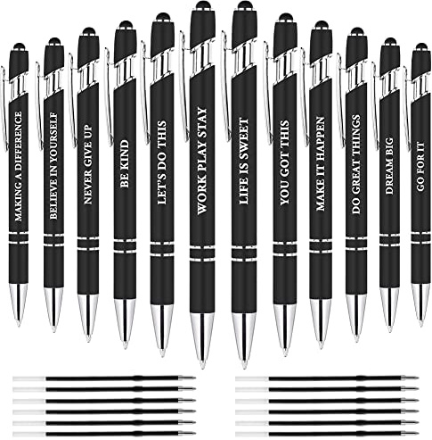 AUAUY 12Pz Metallpennor med 12 reservdelar, inspirerande citat, kulspetspennor med optisk spets, inspirerande kulspetspennor, svart bläckpennor 0,5 mm (Svart)