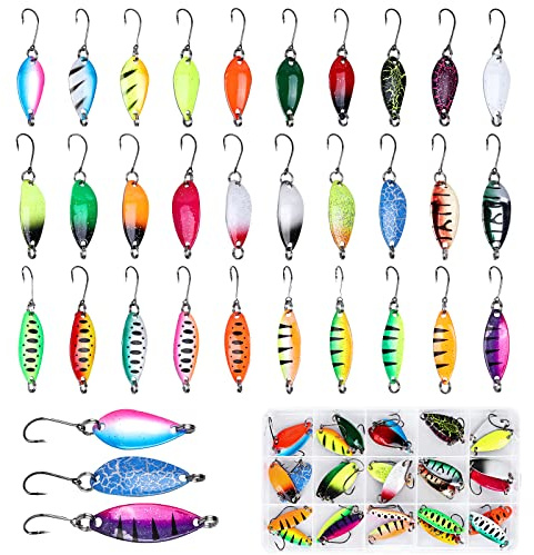 30 Stück Forellenköder, Forellen Spinner Set 2g, 3g, 3,5g mit Box, Löffelköder, Forellenblinker Set Forellen Angeln Forellen Köder Forellen Set Spoons Forelle,Paillettenköder für Hecht, Zander, Barsch