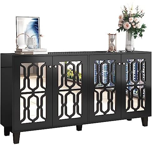 Azkoeesy 160 cm breites Sideboard/Buffet/TV-Board für Wohn- und Esszimmer, moderner Küchenschrank mit 4 Spiegeltüren, Kristallgriffen, verstellbaren Einlegeböden, Schwarz