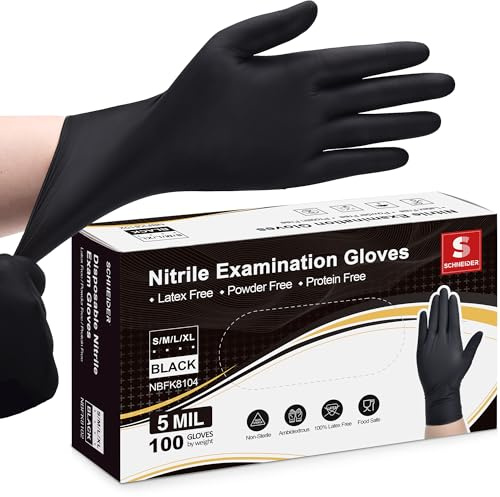 Schneider Nitrile Exam Gloves, Black, Medium, Box of 100, 5 Mil Thick Disposable Gloves, Powder Free, Latex Free, Non Rubber - for Medical, Cleaning & Cooking, Barbecue, Food Prep