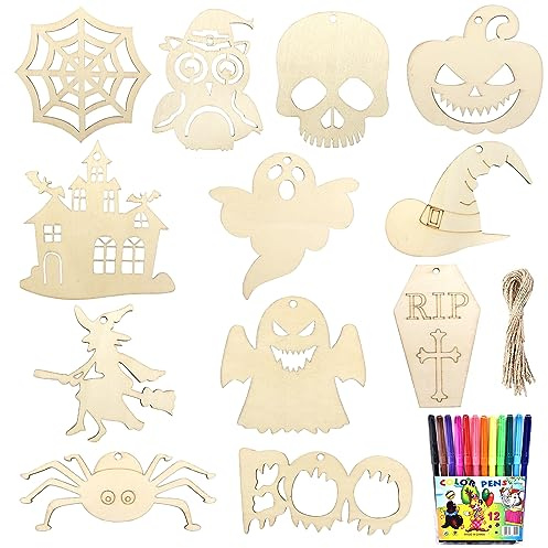 Leonshco 60 PCS Halloween Deko Bastelset Holz Kürbis Bastelset Unbehandeltes Geburtstag Basteln Holzanhänger Zum Bemalen mit Einem Farbstift Halloween DIY Handwerk