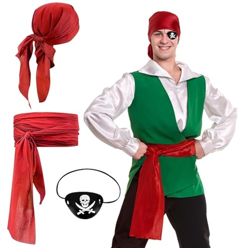 GAROMIA Piraten Kostüm Zubehör Set Piraten Schärpe Pirate Stirnband Piratenkostüm Herren Damen Piratenkapitän Augenklappe Mittelalterliche Große Schärpe Halloween Karneval-Rot