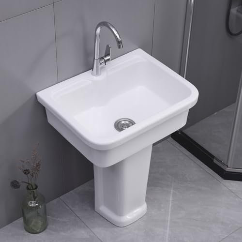 Standwaschbecken, einteiliges Standwaschbecken, glänzend weißes Standwaschbecken, mit heißem und kaltem Wasserhahn, bodenstehendes Aufsatzwaschbecken für Garderobenbalkon
