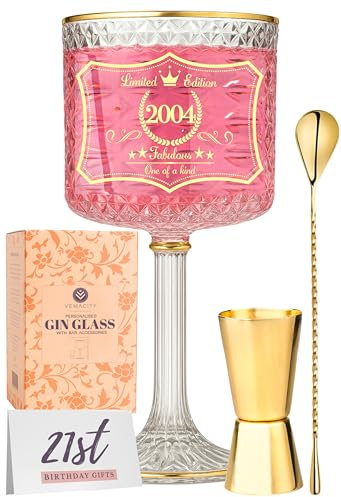 21st Birthday Glass for Girls | Year: 2004 | Personalised Gin Glass Gifts for Women | Gold Bar Accessories Included | Gin Gifts for Women w/ Spoon & Jigger | Recipe PDF | Aperol Spritz Glassware