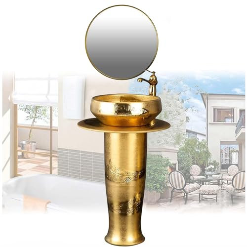 ZTGL Keramik Säulen-Waschplatz - Standwaschbecken für Badezimmer - Waschbecken Round Mit Wasserhahn Und Abflussgarnitur - Design Gold Waschbecken im Modernen Stil,with Mirror