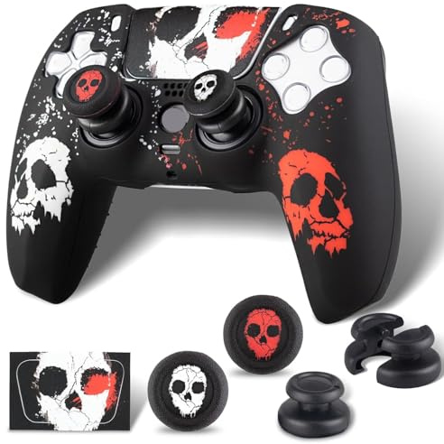 PlayRealm Silicone Skin Cover& Sticker x 1 & No Falling off Thumbstick x 2 for PS5 Controller (Ghost Face RW)