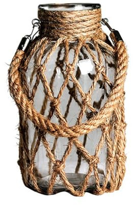 JDEFARF Hanging Mason Jar Glass Vase with Rope,Rustic Decorative Flower Vase,Handmade Rattan Cover Glass Vase,Rope Woved Vase with Handle,Decorative Glass Jar for Flower Plant(20cm)