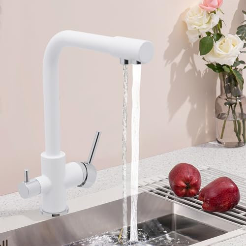 3 Wege Wasserhahn Küche 360° Drehbar Küchenwasserhahn Mischbatterie Wasserfilter Wasserhahn Küchenarmatur, Edelstahl Armatur Küche Spülenarmatur Trinkwasserhahn mit 2 Hebel (Weiß)