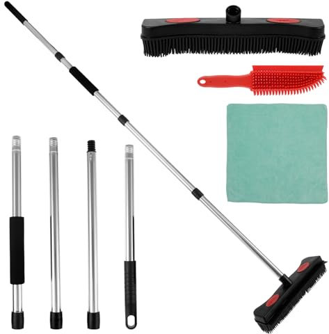 Rubber Broom with Squeegee, Pet Hair Remover with 150cmAdjustable Long Handle, Push Fur Removal Tool with Portable Detailing Lint Brush for Fluff Carpet Window Tile Hardwood Floor Cleaning