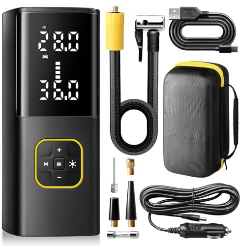 ZUNE LOTOO Tyre Inflator Portable Air Compressor, 150 PSI & 9000mAh Faster Inflation Rechargeable Air Pump, with LED Display & LED Light, for Car, Motorcycle, Bicycle, Bike, Ball