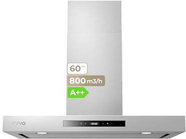 EVVO Campana Extractora 60 cm Ancho Decorativa, Acabado Inox, Potencia 800 m³/h, Filtros de Aluminio y Carbón Activo, Control Táctil y Gestual, Eficiencia Energética A++, CE32 Inox