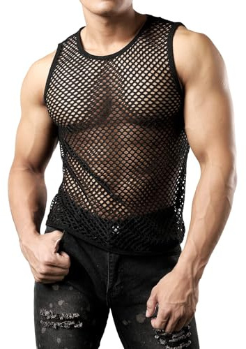 Débardeur en résille pour homme - Débardeur ajusté en maille transparente - Sans manches - Haut creux - Noir - Sexy - T-shirt d'entraînement transparent