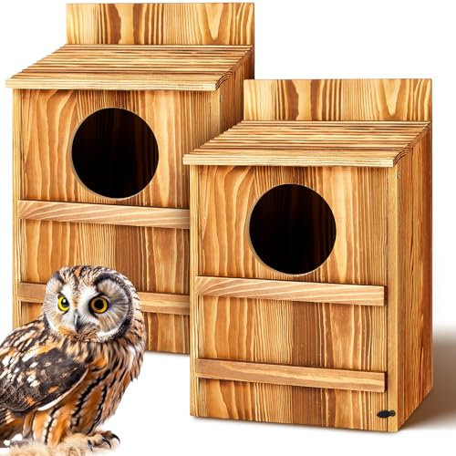 Memorywuu 2 Stück Kreischeule Haus Hölzerne Eule Vogelhaus Gebäude Großes Holz Großes Vogelhaus für Außen Rechteckige Öffnung Nistkasten mit Befestigungsschrauben und Handbuch (evtl. nicht in