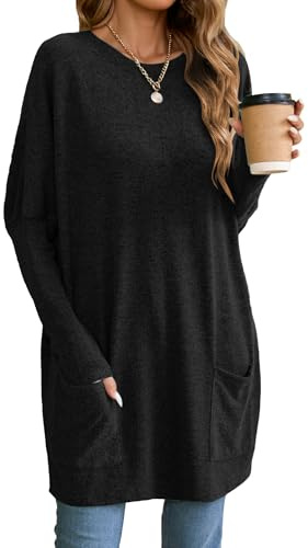 Famulily Long Tunics for Women Casual Solid Color Oversized Long Tshirt Crew Neck Sweatshirt with Pockets