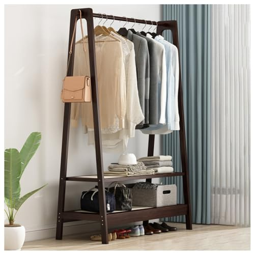 Zapatero de bambú Freestanding para ropa con 2 estantes y ganchos para ropa resistente para almacenamiento en la entrada y en el dormitorio, color nogal