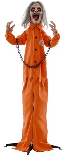 HOMCOM Halloween Deko Outdoor 85cm Animiert Sprechende Halloween Gefangener mit Leuchtenden Augen gruseligem Sound Halloween-Dekoration Halloweendeko für Tür Garten Hof Spukhaus Party