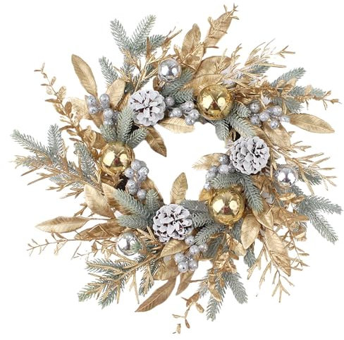Türkranz Weihnachten 45cm Weihnachtskranz Haustür Gold Tannenzapfen Beere Weihnachtsdeko Türklopfer Adventskranz Deko Tür Türkranz Haustür Außen Weihnachtsdeko Künstlicher Weihnachtstürkranz