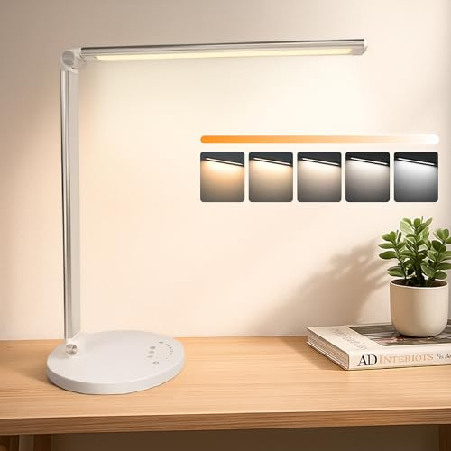 Flexo LED de Escritorio con Control Táctil Inteligente - 10 Niveles de Brillo y 5 Modos de Color - Temporizador 30/45 min y Luz Nocturna - Carga USB-C y USB-A - CRI 80+ y Cabezal Metálico Plegable