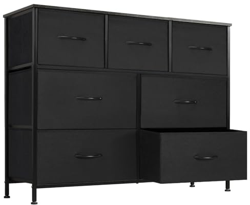 DUMOS Kommode für Schlafzimmer mit 7 Stoffschubladen, hohe Kommode Organizer für Kleidung, Schrank Kinderzimmer, Aufbewahrungsturm mit Schrank, Metallrahmen, Holzplatte, leichte Kinderzimmermöbel
