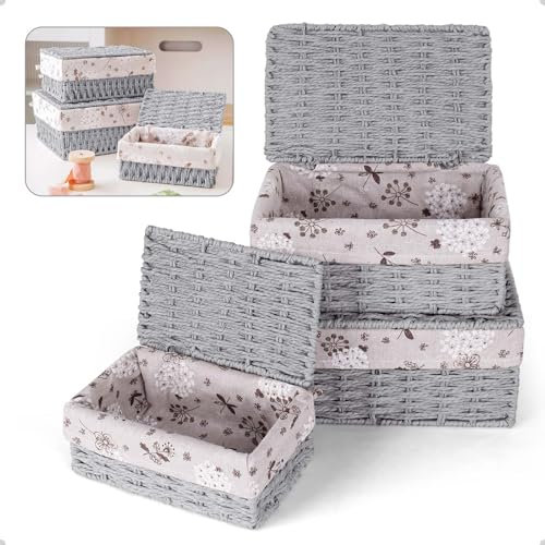 JiangLin Aufbewahrungskorb Geflochten 3er Set, aufbewahrung korb mit deckel, Handgewebt Aufbewahrung mit Futter, Papierseil Korb Geflochten für kinderzimmer, Küchen, Badezimmer Körbe Aufbewahrung