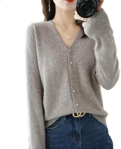 YGSIKY Cardigan in Cashmere da Donna, Maglione Cardigan Lavorato a Maglia Leggero a Maniche Lunghe con Scollo a V, Cardigan a Maniche Lunghe con Bottoni sul Davanti (L,Khaki)
