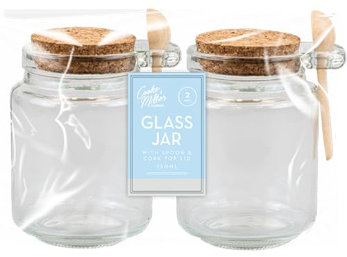 Tech Island Glass Jars with Spoon 2pack Kitchen Storage Container 250ml Coffee Tea Spice Jars, Baking Supplies, Food Storage Canisters with Cork Lid, Kitchen Accessories