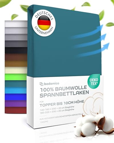 Bodamico Topper Spannbettlaken 180x200cm - 100% Baumwolle Jersey für Boxspringbett Topper bis 10cm Höhe - Topper Bezug 180x200-135g/m2 Oeko-Tex geprüft - Topper Schoner in Petrol