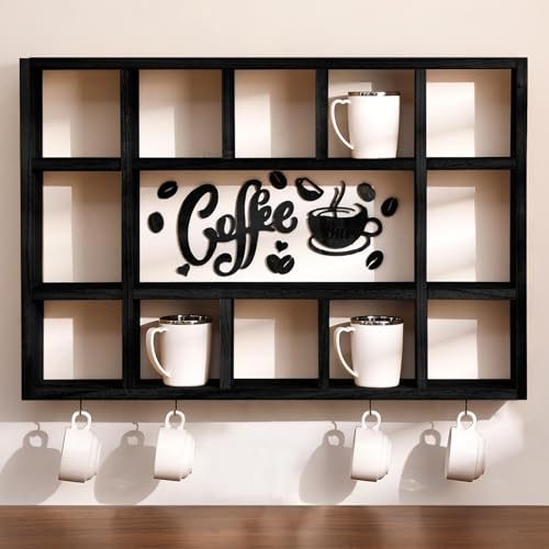 Cinnvoice Übergroßes Regal für Kaffeetassen, Wandregal, Schwarz | Holz-Kaffeetassenregal, Wandregal, Würfel, Tassenhaken, Aufhänger, Barschild-Dekoration, Küchenstation, Barzubehör