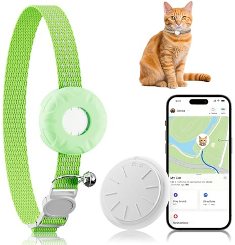 Cat Tracker, Waterproof Pet Tracker for Cats, Cat GPS Tracker Collar with Safety Elastic Buckle, Compatible with Apple Find My App (Only iOS), No Monthly Fee, Light Green