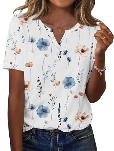 GRMLRPT Camisetas Manga Corta Mujer Verano T-Shirts Cuello en V Estampado Floral Blusas Ropa Mujer Casual Tops Primavera Basica (Blanco,XXL)
