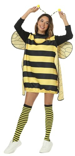 Kouoybt Halloween Bee Costume for Women Long Sleeve Striped Bee Costume with Knee-high Socks and Hair Hoop Outfits Set for Cosplay Party Fancy Dress (Yellow, XXL)