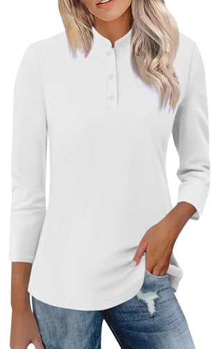 Damen-Oberteile elegant 3/4-Ärmel mit Knöpfen Stehkragen T-Shirts leger tailliert einfarbige Blusen für Damen, weiß, L