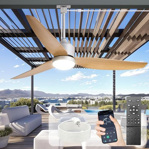 Ventilador de techo para exteriores con luz: Ventilador colgante de madera de 52 para cenador Impermeable - Ventiladores enchufables para exteriores para patio y porche con mando a distancia APP
