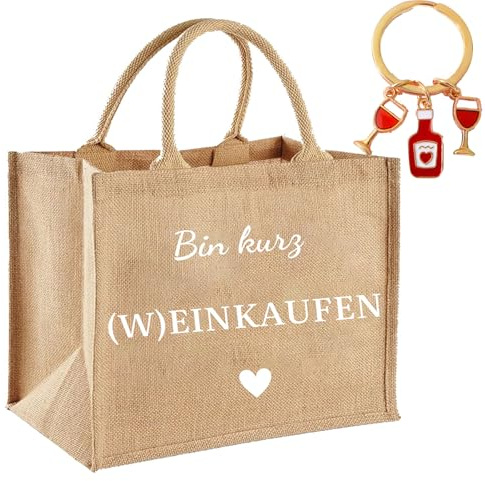 jenich Jutetasche Geschenk Frauen Bin kurz (W) Einkaufen Tasche und Schlüsselanhänger Jutebeutel mit Spruch Bin Kurz (W) Einkaufen für Frauen Freundin Mama Mädchen zum Geburtstag Weihnachten