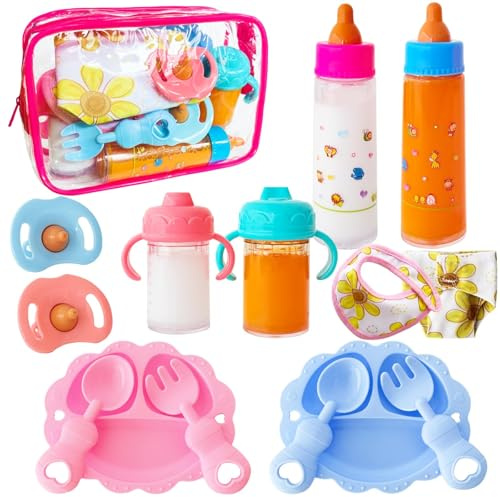 Set 15 Pezzi Accessori Bambole con Biberon Magico per Bambole, Ciucci, Piatti e Posate, Borsa Pannolini, Giocattoli Accessori Bambola Biberon Bambol per Gioco di Alimentazione, Regalo per Bambini