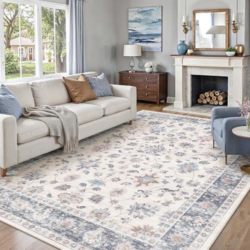 PureCozy Blu Tappeto Salotto 200x300cm Camera da Letto Lavabile in Lavatrice Grandi Tappeti Sala Soggiorno Ufficio Moderno Floreale Carpet Pelo Corto Antiscivolo Rug