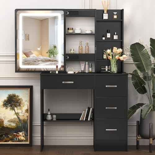 Schminktisch mit LED Spiegel & Beleuchtung, Kosmetiktisch mit Stauraum, 3 Schubladen, 7 Ablagefächer, Schiebespiegel 80 cm Breite, Frisiertisch Mädchen, Schwarz, Makeup Vanity Desk Silberne Griffe