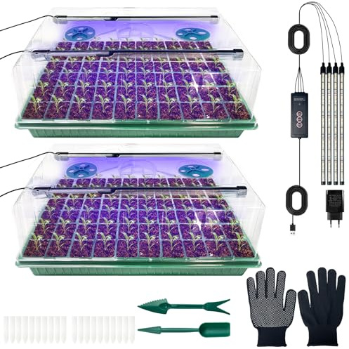 VEEKAY Zimmergewächshaus Anzuchtkasten,2 Stück 120 Loch Mini Gewächshaus Anzucht Set mit Pflanzenlampe,Anzuchtplatte mit Timing-Controller einstellbare Helligkeit,20 Pflanzenetikett für Sämling