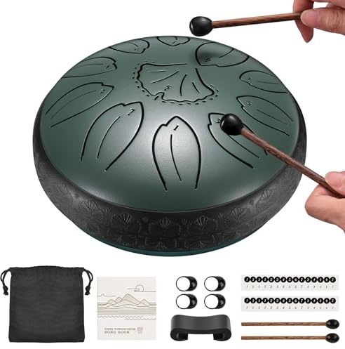 LEKATO 6 Zoll Zungentrommel, 11 Töne in C-Tonart Steel Tongue Drum mit Songbuch, Tragetasche, Trommelschlägeln, Mini-Handpan-Trommel-Percussion für Meditation, Geistheilung, Grün